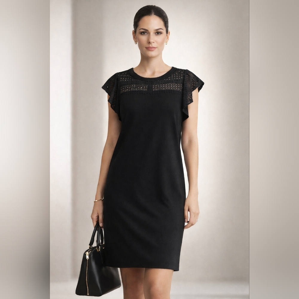 Michael Kors Black LBD Shift Dress L Eyelet Flutter Sleeve Work‎ Cocktail